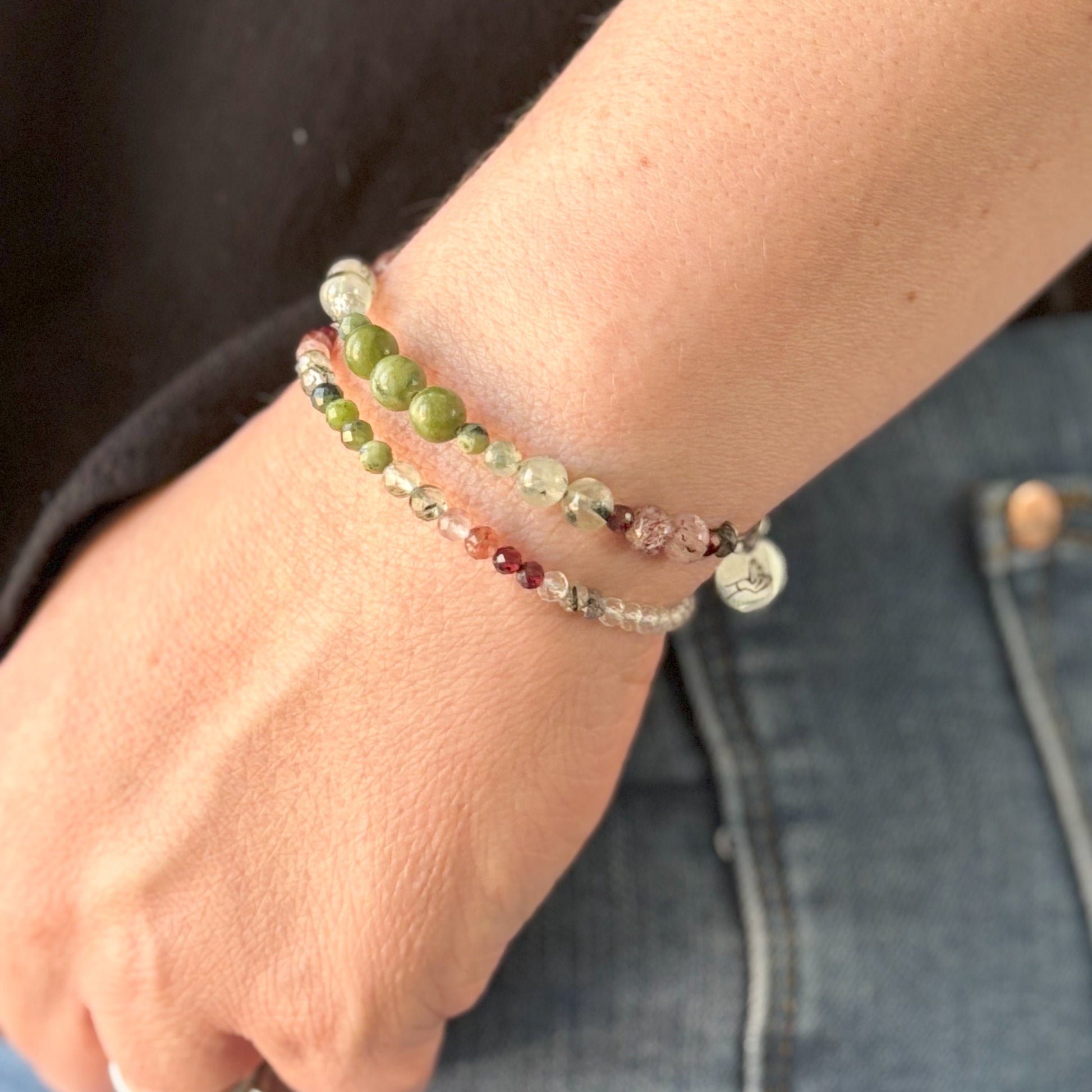 Handcrafted Crystal Bangle with Nephrite Jade and Strawberry Quartz