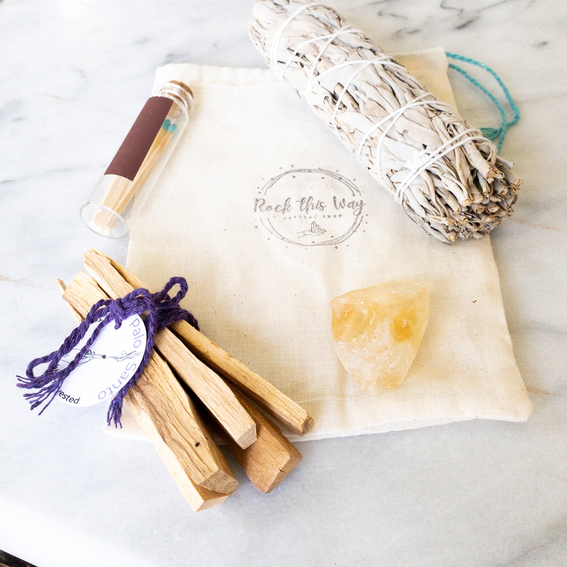 Citrine, Sage, Palo Santo Burnable Kit