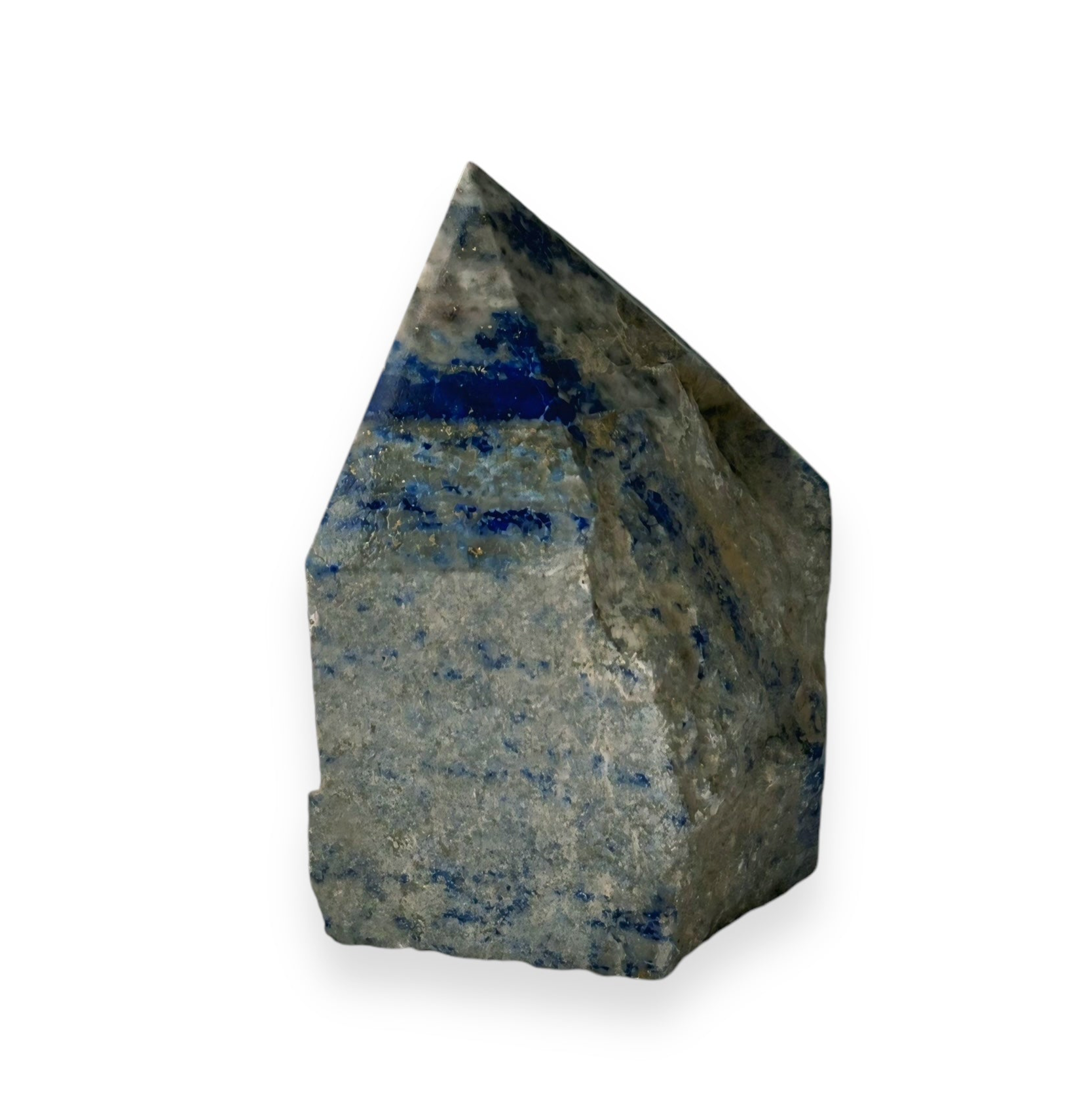 Close-up view of a polished Lapis Lazuli crystal point, highlighting its deep blue color and intricate gold flecks, known for enhancing wisdom and inner peace.