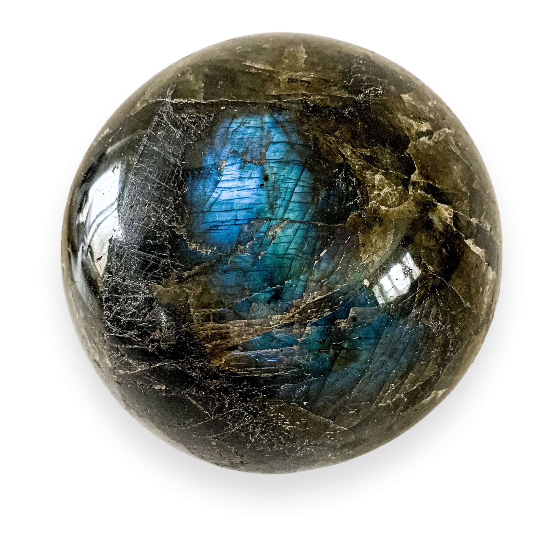 Labradorite crystal sphere on white background