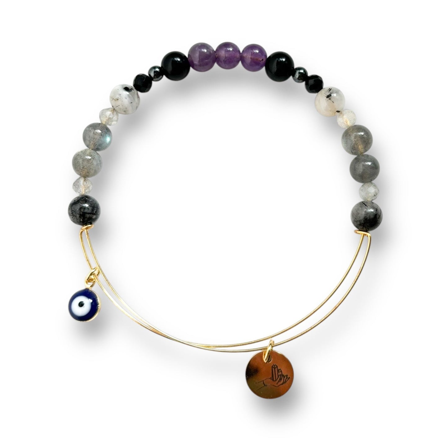 Handcrafted Protection Crystal Bracelet featuring Amethyst, Black Onyx, and Hematite for grounding and energy shielding.