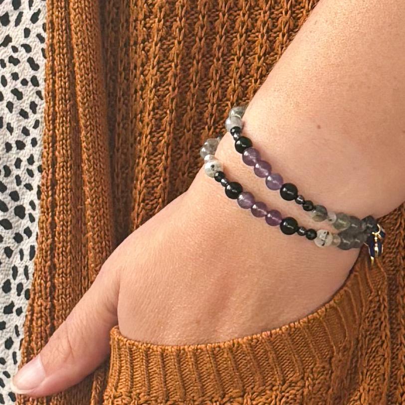 The stackable Protection Crystal Bracelet featuring Amethyst, Black Onyx, and Labradorite for energy protection.