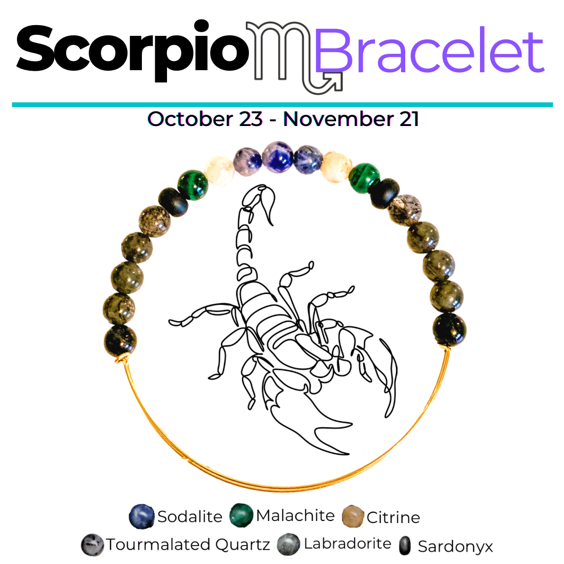 Scorpio Bracelet paired with its informational guide, perfect for gifting Scorpio traits.